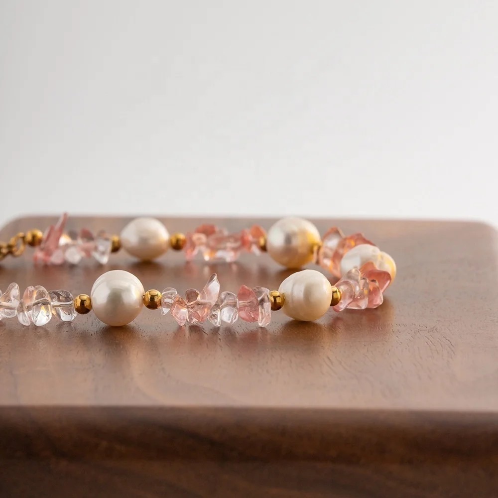 18K Gold Plated Pink Quartz Stone Pearl Bracelet